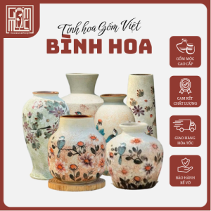 Bình hoa gốm Bát Tràng lọ hoa cao cấp men nhám mộc vẽ tay thủ công hoa cúc nhí decor trang trí đẹp